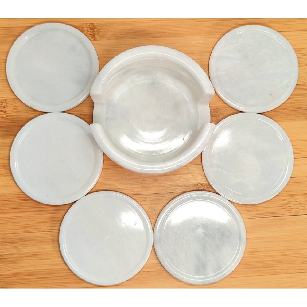 Set of 6 White Carrara Marble Stone Beverage Drink Coasters w/ Matching Base